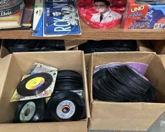 CHOICE CABINET EVERYTHING ELVIS RECORDS 45â€™s AND 33â€™s, POSTERS, FIGURINES, HOUNDDOG, BEANIE BABIES, AND SO MUCH MORE