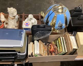 CHOICE TABLE ANTIQUES,LAMPS,POTTERY,SILVERPLATE Kodak slide projector, musical jewelry box,clocks,figurines, dvds