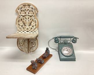 VTG. INUIT DOG SLED TEAM, RETRO TELEPHONE WALL CLOCK AND WHITEWASHED CARVED WOOD WALL SHELF