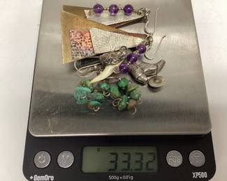 STERLING SILVER EARRINGS CHIP TURQUOISE SET AND AMETHYST, BRASS, COPPER, ALUMINUM WITH STERLING SILVER HOOKS, COWBOY BOOT PENDENT, SHARK TOOTH PENDENT, SERVICE PINS AND A SINGLE EARRINGS