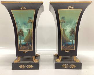 VTG. HAND PAINTED METAL TOLE VASES 9 INCHES TALL