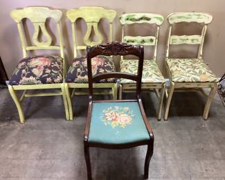 (5) VINTAGE CHAIRS, 1 ANTIQUE MAHOGANY w NEEDLEPOINT SEAT w FLORAL DESIGN, DUNCAN PHYFE NO SHIPPING PICKUP ONLY