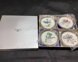 SHERIDAN SILVER PLATE SET OF 4 COASTERS SONG BIRDS IN ORIGINAL BOX STILL IN PLASTIC