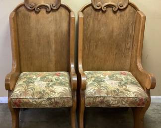 (2) VTG. HIGH-BACK OAK WOOD ARMCHAIRS w ORNATE SCROLLWORK PEDIMENT NEAR TOP OF BACKREST, NO SHIPPING PICKUP ONLY