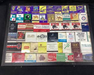 ASSORTED MATCHBOX ADVERTISING COLLECTION IN DISPLAY SMOKIN JOE CAMEL CIGARETTES, WINSTON CIGARETTES, RJR, COCA COLA