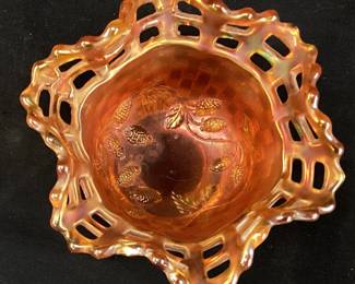 FENTON BASKETWEAVE MARIGOLD CARNIVAL GLASS BOWL
