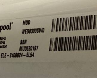 WHIRLPOOL DUET SPORT ELECTRIC DRYER, FRONT LOAD, MODEL WED8300SW0, 6.7cu.ft, 4 PRONG PLUG