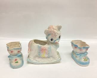 VTG. RUBENS ORIGINALS ROCKING HORSE PLANTER, 2 RELPO 1846 BABY BOOTIE PLANTERS