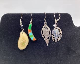 STERLING SILVER EARRINGS CHIP TURQUOISE SET AND AMETHYST, BRASS, COPPER, ALUMINUM WITH STERLING SILVER HOOKS, COWBOY BOOT PENDENT, SHARK TOOTH PENDENT, SERVICE PINS AND A SINGLE EARRINGS