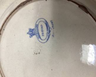 ANTIQUE IRONSTONE PLATE, GLASS TREE, BLUE AND WHITE SALT AND PEPPER SHAKERS AND BLUE GLASS GRIFFIN CANDLE STICK