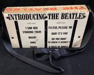  VTG. THE BEATLES VINYL COVERED HANDBAG MADE FROM 1964 LP TITLED INTRODUCING THE BEATLES, ONE OF A KIND