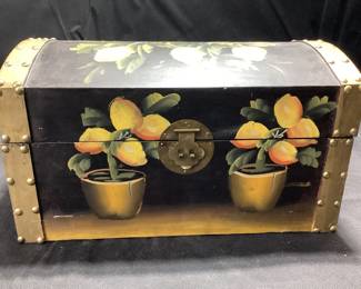 VINTAGE STORAGE CHEST HAND PAINTED FRUIT CURVED LID 16x9.5x9 Length width height