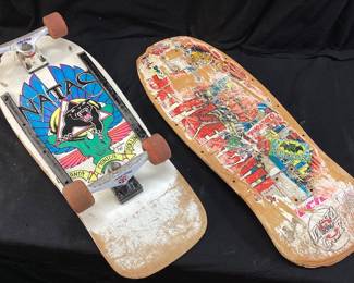 (2) 1980s SANTA CRUZ NATAS KAUPAS BLACK PANTHER SKATEBOARD With TRUCKS ART DESIGN BY WES HUMPSTON & WHEELS AND SANTA CRUZ SKATEBOARD DECK, THESE BOARDS HAVE STORIES TO TELL