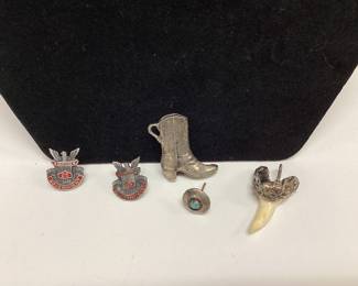 STERLING SILVER EARRINGS CHIP TURQUOISE SET AND AMETHYST, BRASS, COPPER, ALUMINUM WITH STERLING SILVER HOOKS, COWBOY BOOT PENDENT, SHARK TOOTH PENDENT, SERVICE PINS AND A SINGLE EARRINGS