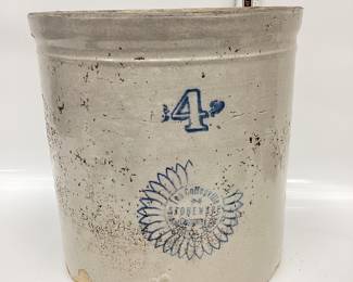 #4 COFFEYVILLE STONEWARE CROCK HAS A CRACK DOWN THE SIDE