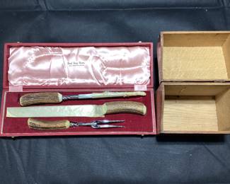 STAG HORN HANDLE CARVING SET MADE IN SHEFFIELD ENGLAND AND A WOODEN RECIPE BOX