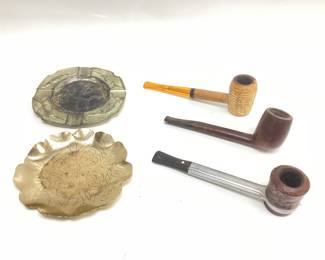 VTG KAYWOODIE FILTER ALUMINUM PIPE, MISSOURI MEERSCHAUM CORN COB PIPE AND DARK BRIAR WOOD PIPE AND 2 ASHTRAYS