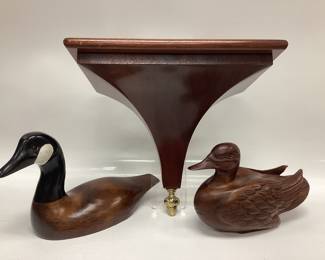 HANDCRAFTED CANADA GOOSE SIGNED, MAHOGANY CARVED DUCK, MAHOGANY WOOD CORBEL WITH BRASS ACORN ON THE BOTTOM