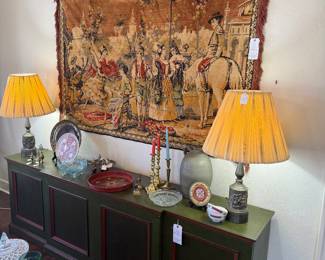Silk tapestry and hand painted credenza, beautiful pair of lamps