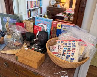 Vintage stamp collection, marble topped dresser