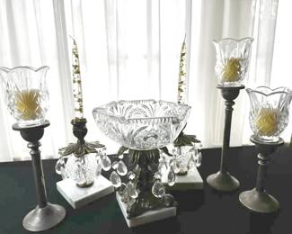 Vintage German Crystal Golden Metal Mantel Garniture Set Featuring A Pair Of Candlesticks  More