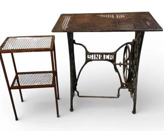 Set Of Wrought Iron Outdoor Shelving Featuring Converted Singer Sewing Machine Base