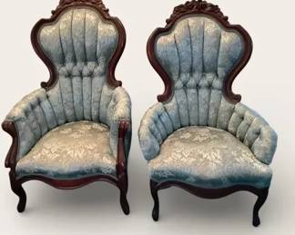 007 Set Of Two Kimball Reproduction Mahogany Victorian Parlour Chairs W Lt. Blue Upholstery