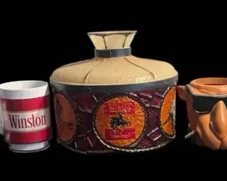 Vintage Tobacco Advertising LotWinston  Camel Mugs, Joe Cool Beer Can Holder, Plastic Light Fixtur