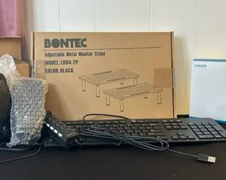 Desktop Setup W monitor Stand, Speaker Pair, Keyboard, USB Ports And More