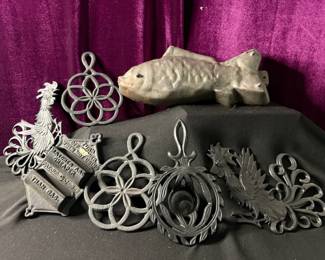 Wrought Iron Trivets, Fish, And Match Holder