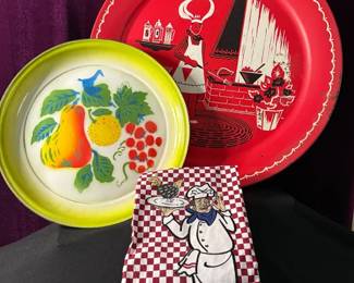 Vintage 1950s Marcelline Stoyke BBQ Serving Tray And Rossini Enamelware Tray