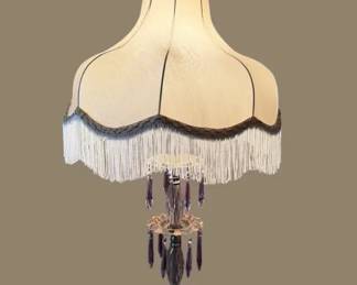 010 Vintage Crystal And Brass Dual Lamp with Fringed Shade 40 Tall
