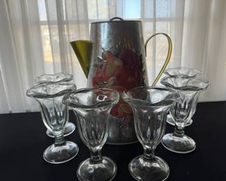 Decorative Tin Pitcher W 6 Tulip Ice Cream Sundae Dishes