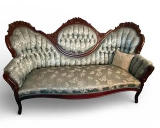 008 Victorian Style Camel Back Settee W/ Lt. Blue Upholstery 72x32x38