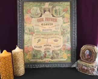Vintage Chromithohraph Lords Prayer And 10 Commandments, Vintage Tins, Handmade Beeswax Candles 