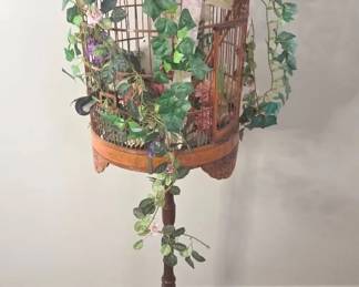 Vintage Birdcage On Wooden Stand With Marble Top