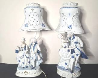 Pair Of Vintage Blue And White Porcelain Figural Lamps