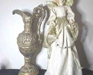 Large GrecoRoman Style Ceramic Pitcher And 3 Decorative Angel 