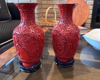 Cinnabar Chinese vases with stands