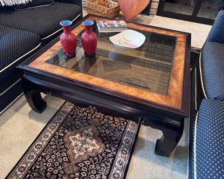 Asian coffee table with glass and wood inlay