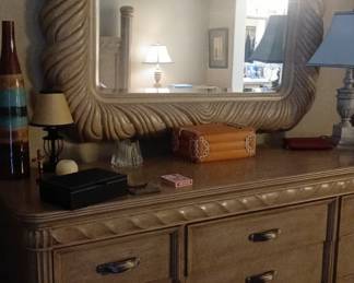 Silvered Carved Frame Decorator Wall Mirror with Wide Deep Relief Frame