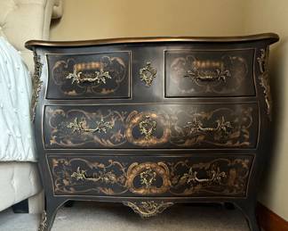 Harden Early 21st Century Ormolu Mounted Bombe Chest. It has paint decorated design in gold and ornate brass hardware with ormolu mounts. 4- 7inch deep drawers. Two drawers are 13” wide and 2 are 32” wide. It does have a few scratches on the top which is shown in pictures. Otherwise great condition . Smoke-free and pet-free home. Dimensions: 41” W x 20” D x 33” H $500