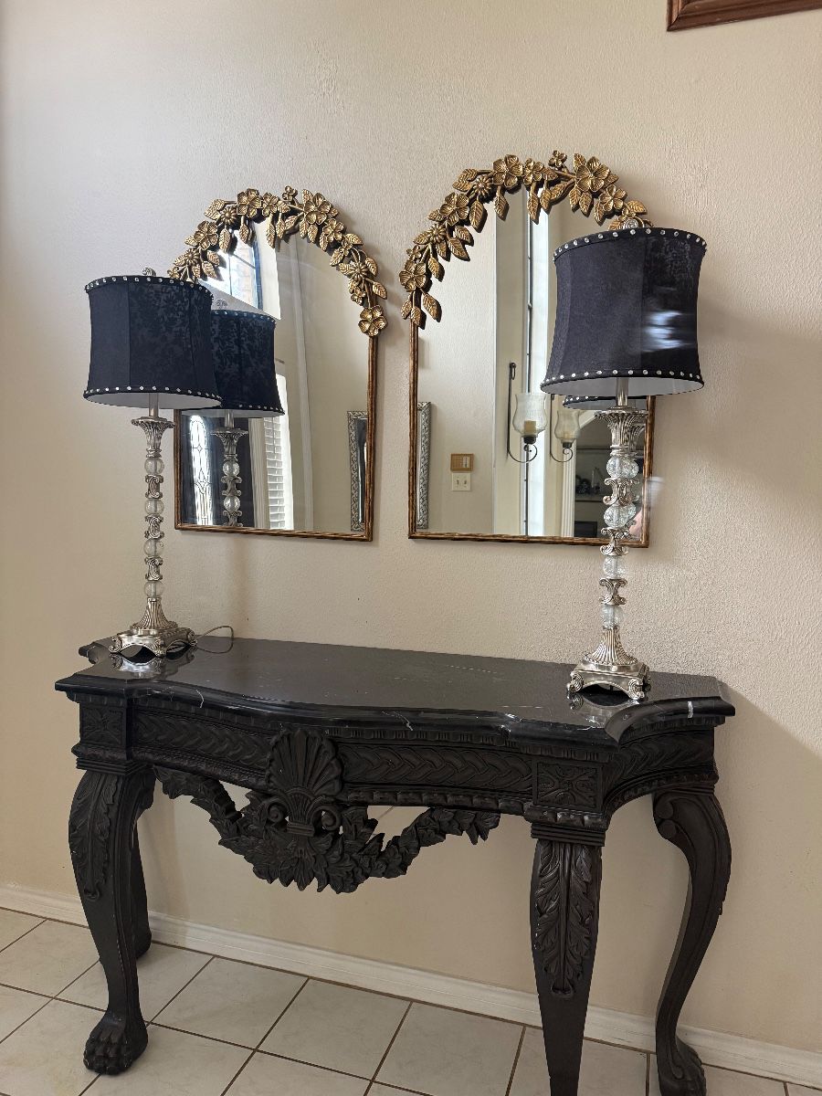 Carved wood entry table with marble top