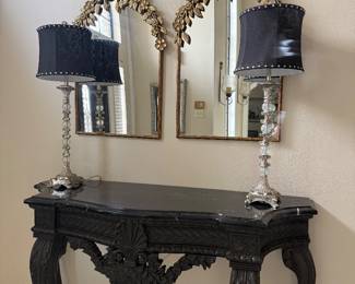 Carved wood entry table with marble top
