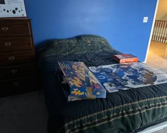 Full/Queen bed and bedding, chest of drawers