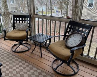 Outdoor swivel chair set 
2 chairs / cushions /side table - $150 set 