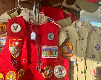 BSA vest with badges, Troop leader shirt, Eagle Scout shirts, hats, Deer rack
