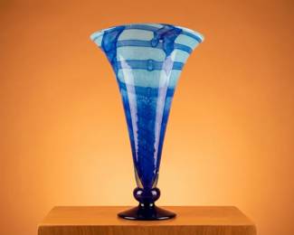 Artist Signed Blue Art Glass Fan Vase