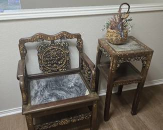Antique Japanese chair and side table with marble inlay