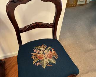 Pair antique needlepoint balloonback hand carved chairs